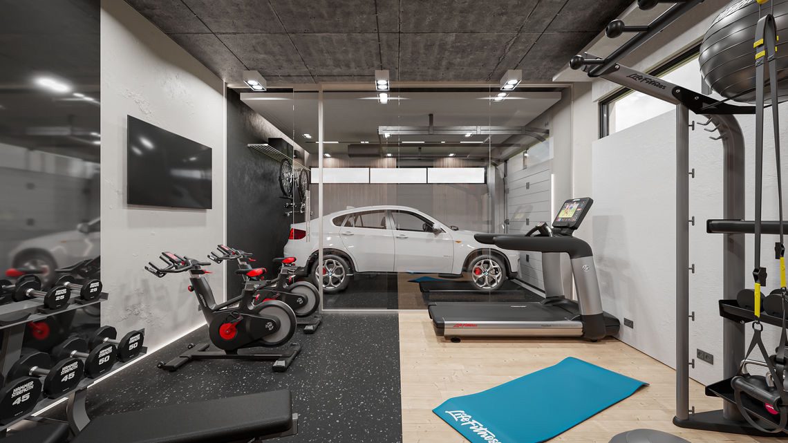 gym room with a car parked sideways