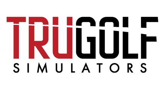 black and red text on white background trugolf logo