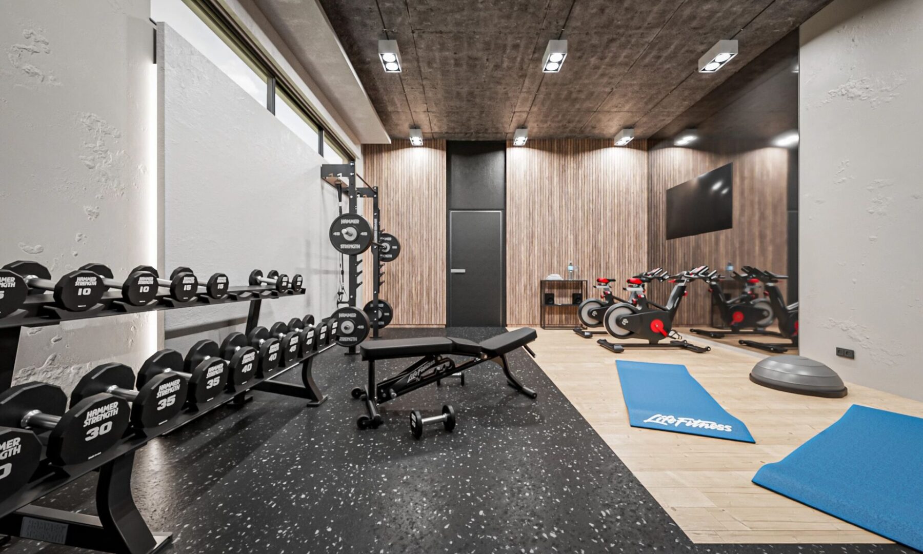 Modern home gym with weights, exercise bikes, and workout mats.