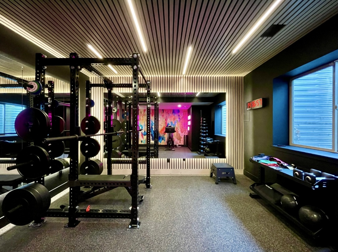Modern home gym with weightlifting equipment and vibrant lighting.